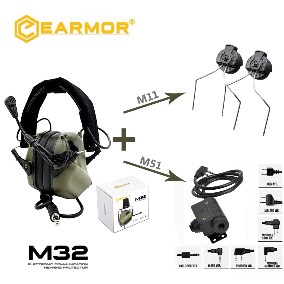 EARMOR M32 FG MOD4 Headset & ARC Rail Adapter & M51 PTT Adapter Set for Radio