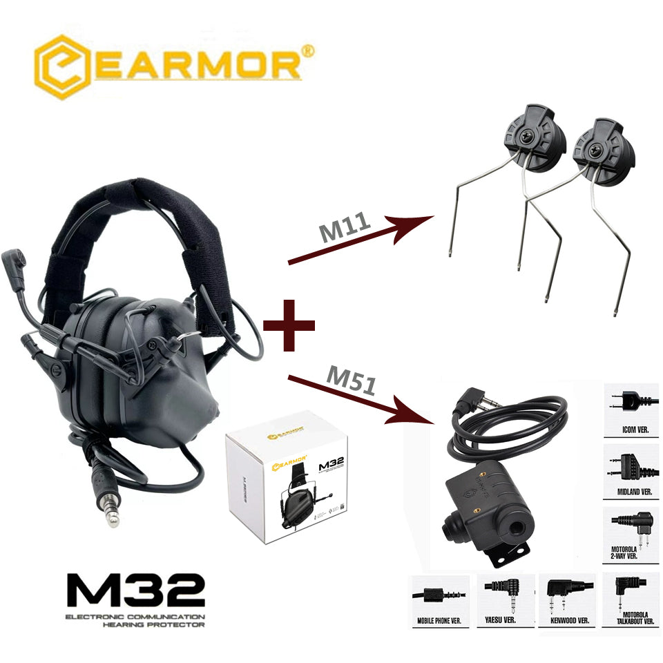 EARMOR M32 MOD4 Headset & M51 PTT& ARC Rail Adapter Sets Tactical Communication System