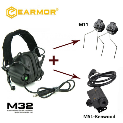 EARMOR M32 Tactical Headset & M51 Kenwood PTT Adapter & ARC Rail Adapter Sets 6 Colors